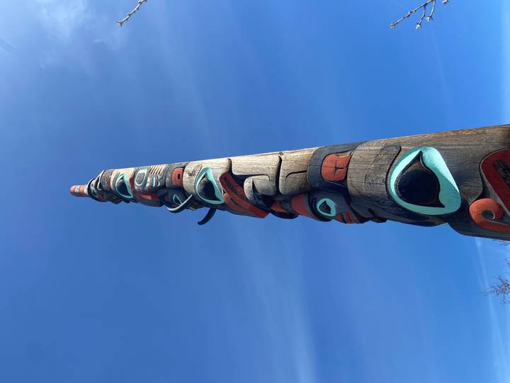 Tall carved cedar totem pole reaching into a clear blue sky