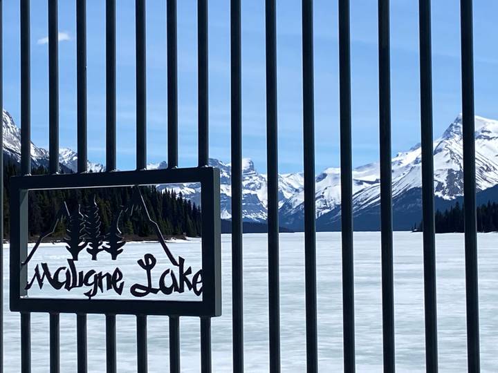 Frozen Maligne Lake framed by metal gate bearing its name with distant snowy peaks