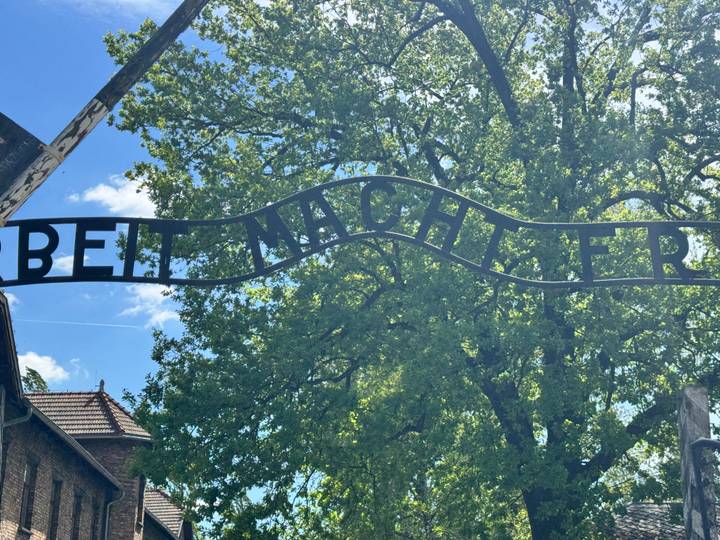 The wrought-iron 'Arbeit Macht Frei' gate sign silhouetted against leafy trees and sky.