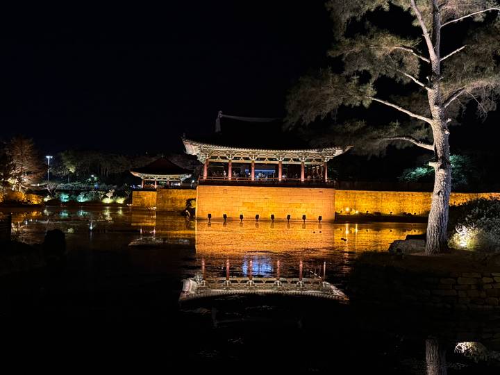 Night view of the illuminated Anapji pond pavilion with reflections on still water