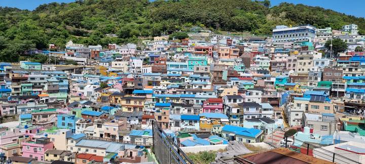 A vibrant patchwork of pastel houses climbs a hillside at Gamcheon Culture Village with green forest above.