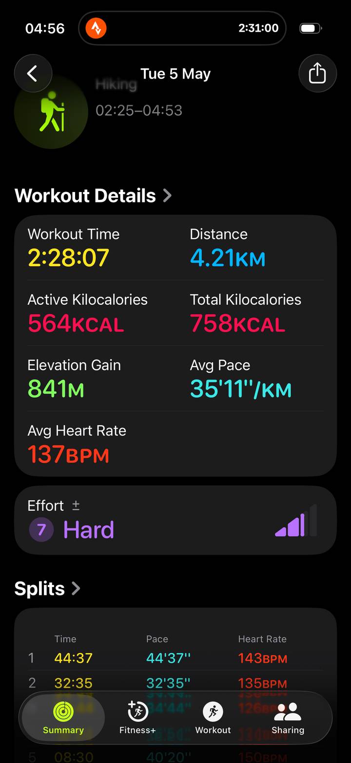 Screenshot showing fitness statistics such as calories, pace, elevation gain and heart rate.