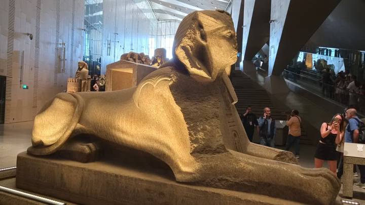 Large ancient sphinx displayed inside the modern Grand Egyptian Museum with visitors observing.