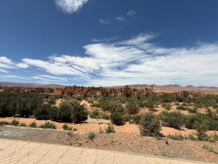 Oasis of palm trees before the adobe fortress village of Ait Benhaddou under a bright blue sky.