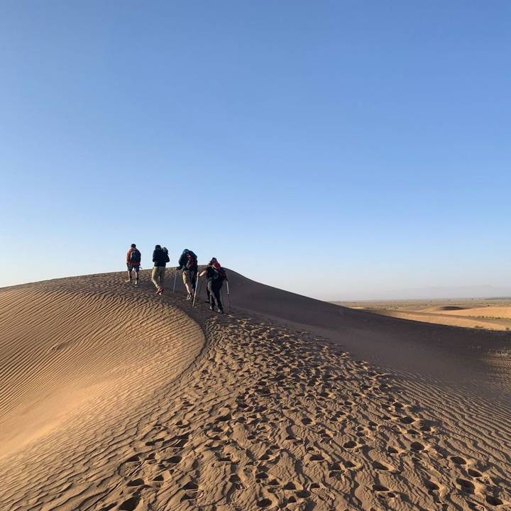 Group of trekkers ascending a steep sand dune beneath a clear blue sky.