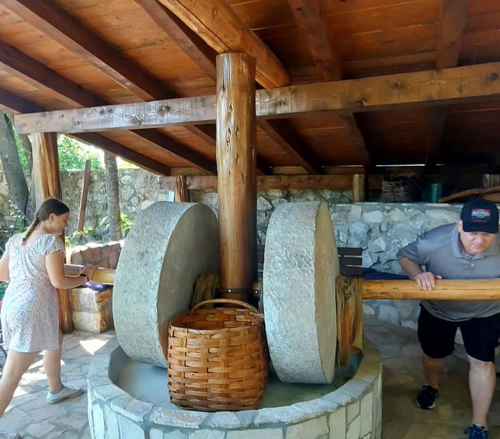 Visitors operating large stone grinding wheels inside a rustic wooden shelter.