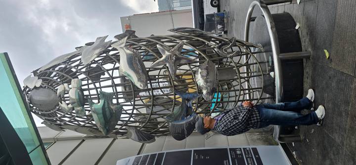 Man stands beside large stainless-steel fish sculpture outside an urban building.