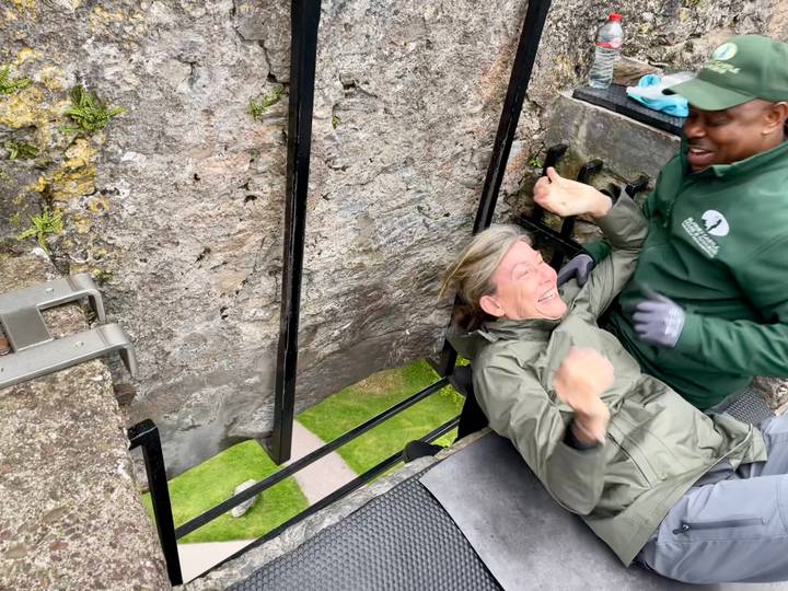 Visitor laughs while being helped to kiss the Blarney Stone high on the castle wall.
