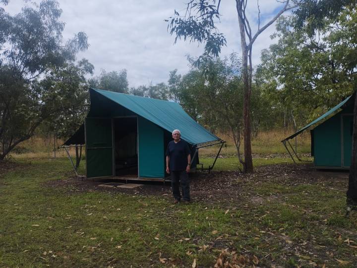 Camper standing in front of a canvas safari tent at a bush campsite