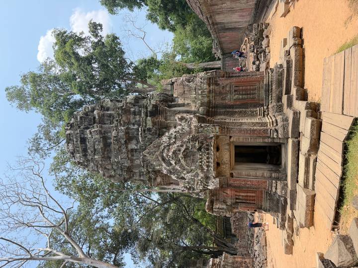 An ancient stone tower adorned with tree roots and intricate carvings stands amid towering jungle trees in Angkor.
