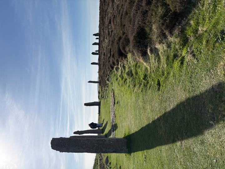 Ancient standing stones of a stone circle on open moorland with two visitors walking beside them under a blue sky.