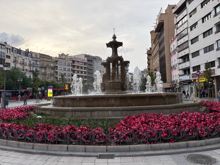 Circular city fountain surrounded by pink flowers and historic buildings under an evening sky.