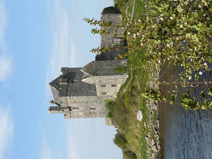 Picturesque riverside tower castle reflected in calm water with spring foliage.