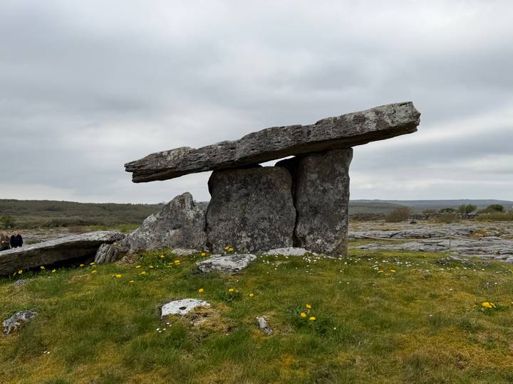 The Poulnabrone Dolmen, an ancient portal tomb of huge stone slabs, stands on a rocky limestone plain dotted with spring flowers.