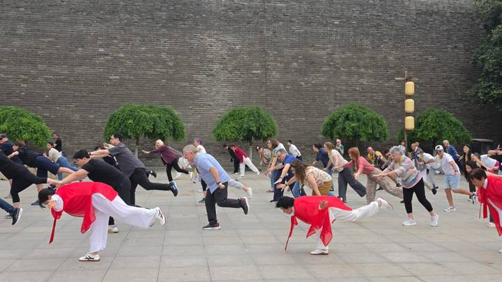 Large tour group practicing tai chi poses in an open stone courtyard against an ancient city wall with trimmed shrubs.