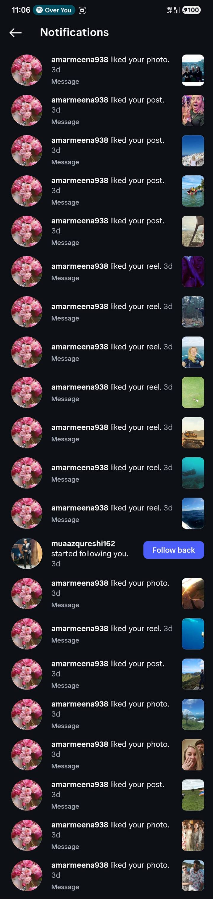 Screenshot of social media notifications displayed on a dark background.