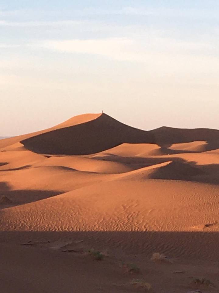 Golden sand dune peaks with a lone figure standing on the summit under soft warm light.