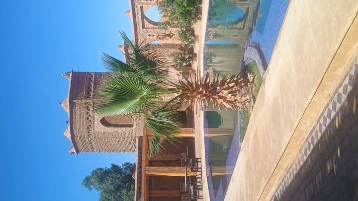 Traditional kasbah-style hotel features a palm-lined courtyard and inviting swimming pool.