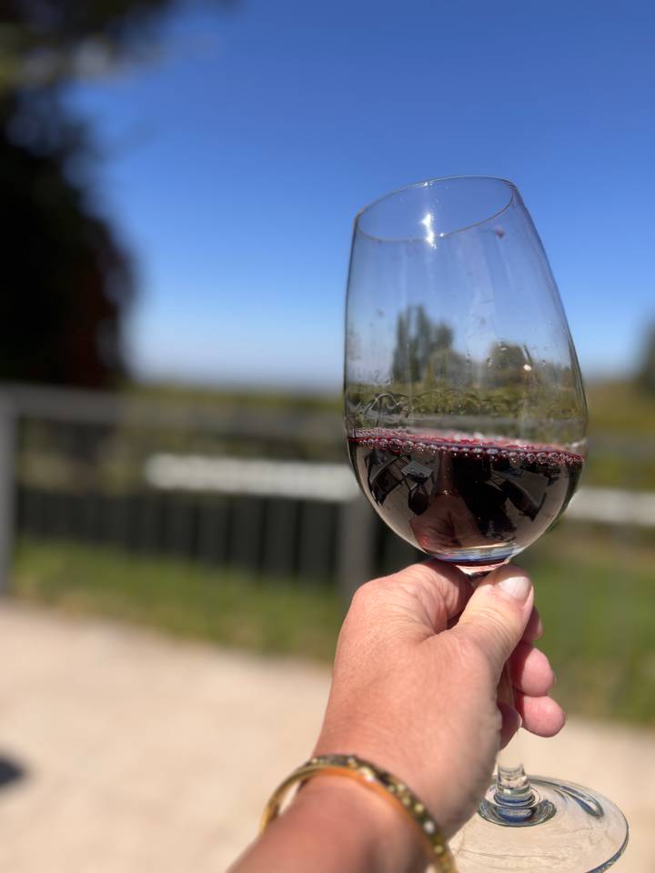 Close-up of a hand holding a half-filled wine glass with blurred countryside behind.