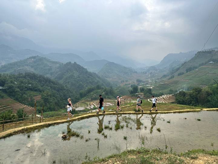 Hikers walking single file beside flooded rice terraces on misty mountain slopes in Sapa.
