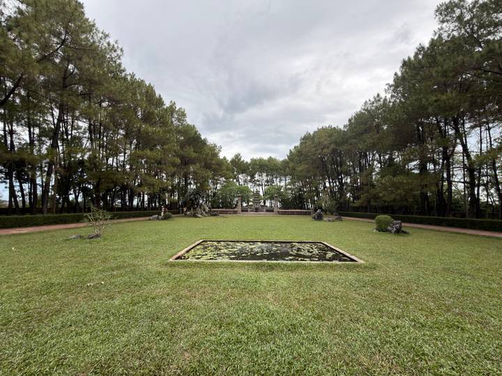 Symmetrical grassy courtyard with rectangular lily pond framed by tall pine trees under grey skies.