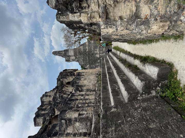 Weathered limestone temples and stairways rise through dense jungle at the Tikal archaeological site.