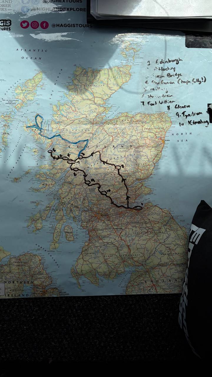 A detailed map of Scotland with a multi-day travel route marked in black ink.