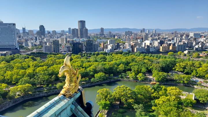 High rooftop view over Osaka Castle ornament and surrounding moat, trees and city skyline beyond.