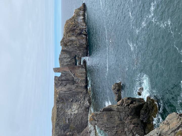 Rugged sea stacks and cliffs rise from churning Atlantic waters under a pale cloudy sky.