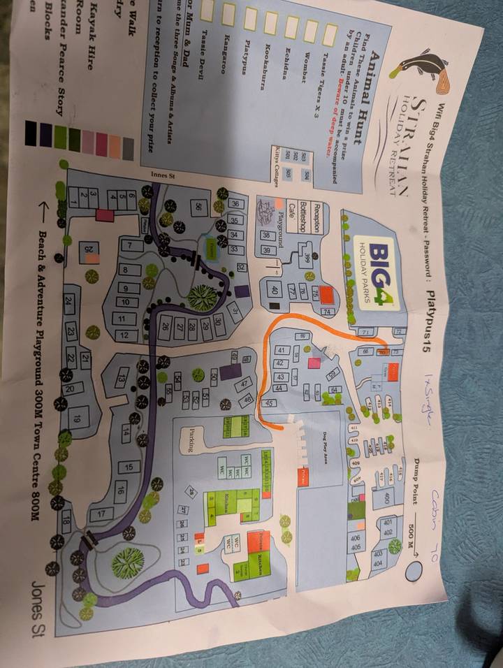 Duplicate photo of the printed BIG4 holiday park map showing cabin layout.