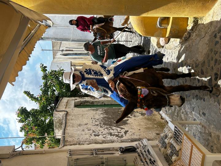 Tourist riding a donkey through a narrow village lane with stone walls and sunshine.
