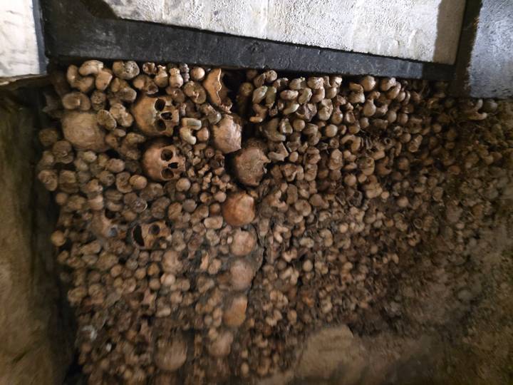 Wall densely stacked with human skulls and bones in a dim underground chamber.