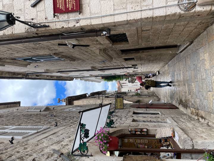 Back view of traveller walking down a quiet stone alley with hanging signs.