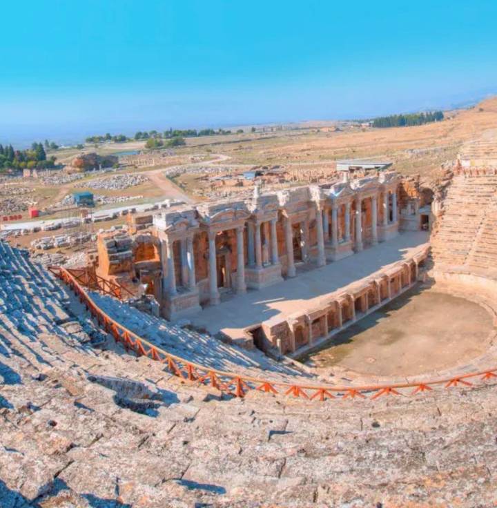 Panoramic view of the grand Roman theatre ruins of Hierapolis overlooking the plains.