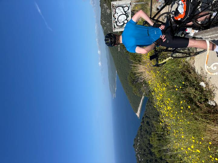 Portrait-oriented view of cyclist admiring sweeping coastline and wildflowers from a mountain overlook.