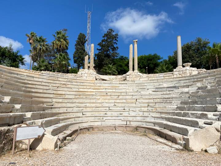 Stone seating of the Roman amphitheatre in Alexandria framed by palm trees and blue sky