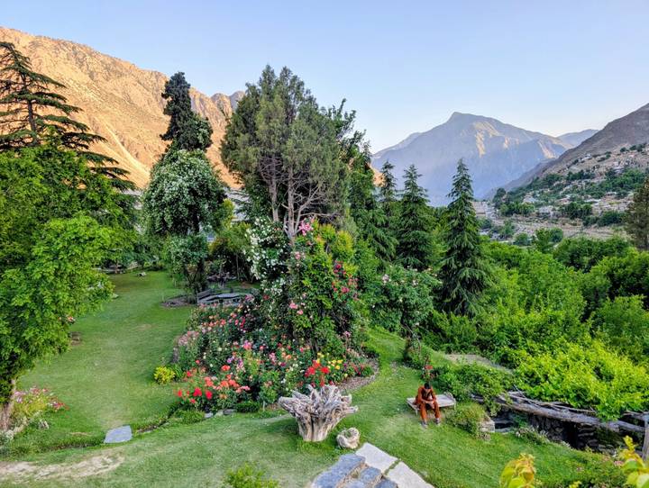 A lush terraced garden bursts with roses and trees against a backdrop of high mountain ridges at sunset.