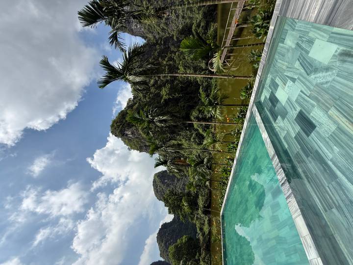 Infinity pool overlooking lush limestone cliffs and a lotus pond under a partly cloudy sky in Ninh Binh.