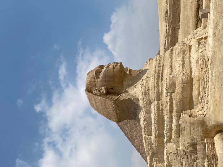 Iconic side profile of the Great Sphinx with blue sky and desert plateau