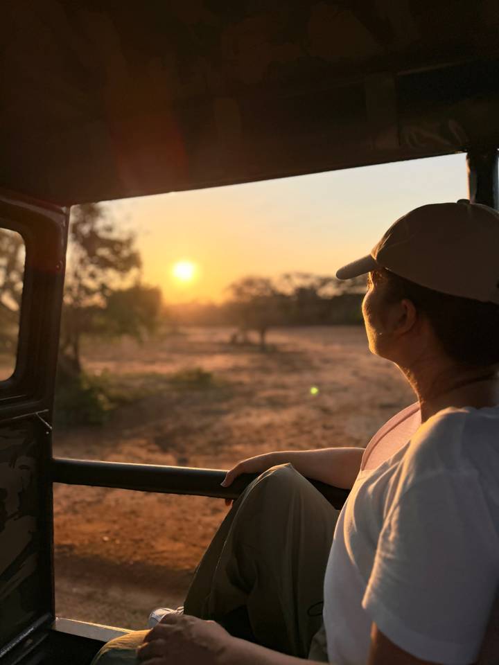 Traveller in safari jeep gazes at an orange sunset over dry savannah.