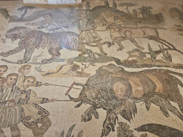 Detailed Roman hunting scene mosaic showing tigers, elephants and hunters.