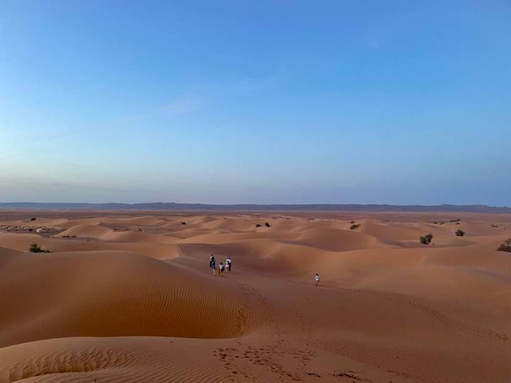 Expansive panorama of endless desert dunes under a pale blue evening sky.