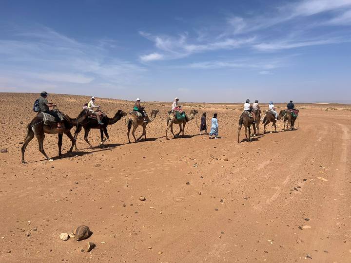 Camel caravan led by blue-robed guides across rocky desert plain.