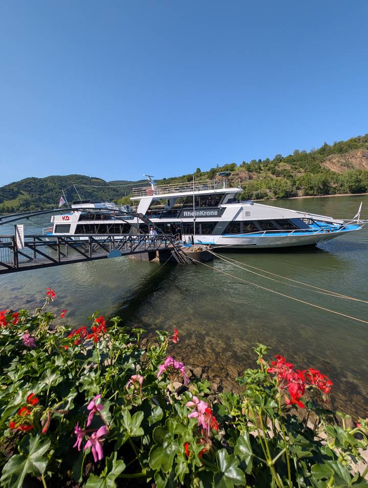 River cruise vessel 'RheinKrone' moored along the Rhine with green hills behind