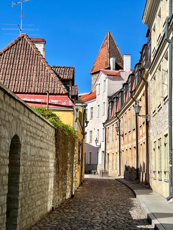 Narrow cobblestone street lined with colourful medieval houses in Tallinn Old Town under clear sky.