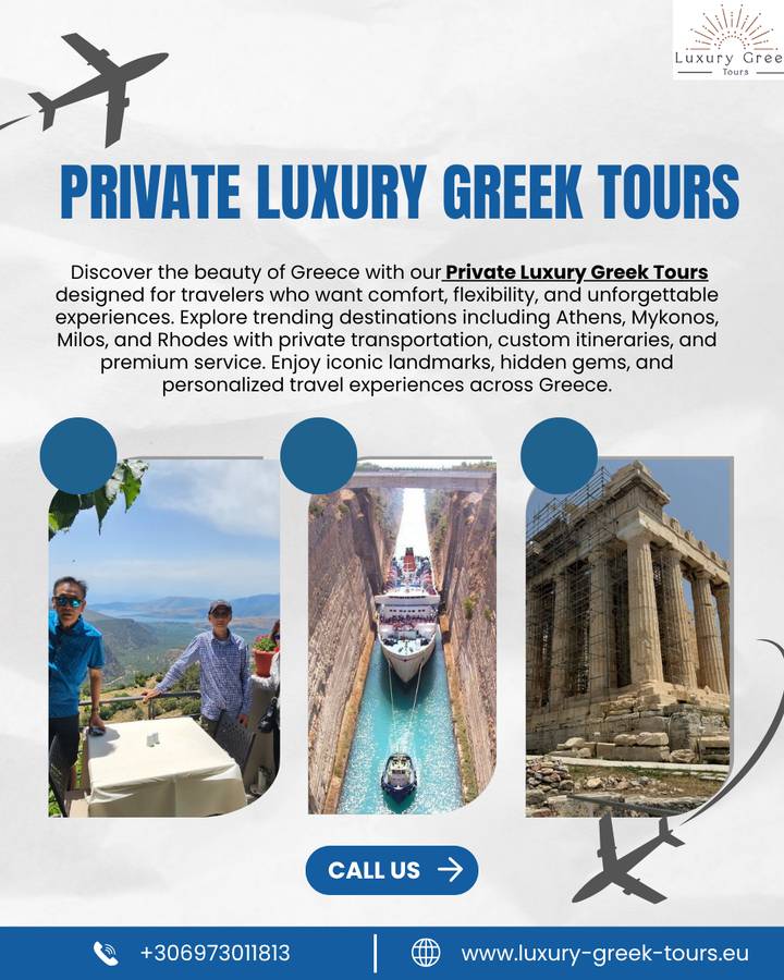 Promotional collage with descriptive text about Greece and circular cut-outs showing destinations.