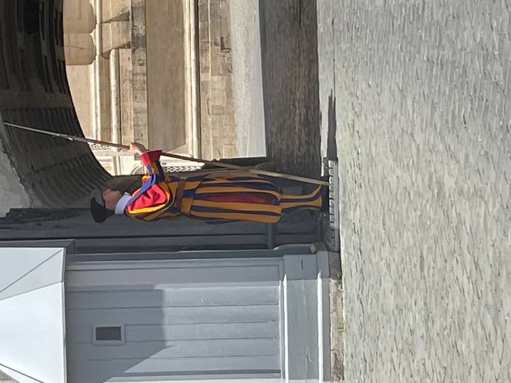 A colorful Swiss Guard stands at attention in striped uniform outside a Vatican gateway.