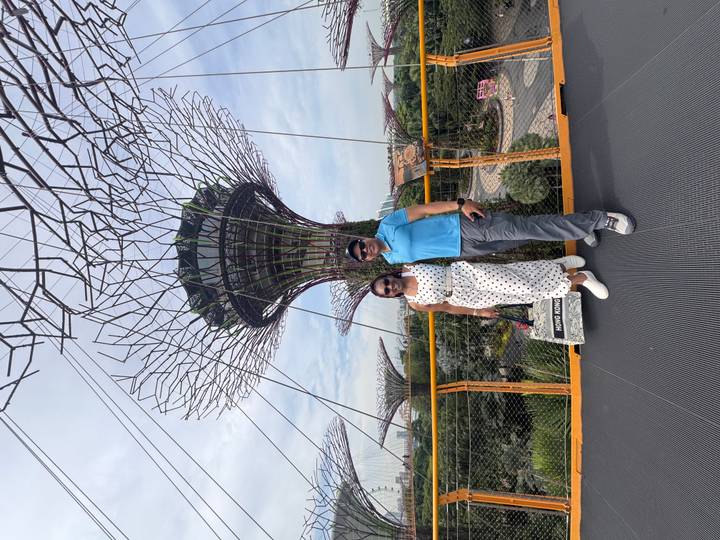 Couple on the OCBC Skyway with towering Supertrees rising behind them on a clear afternoon.