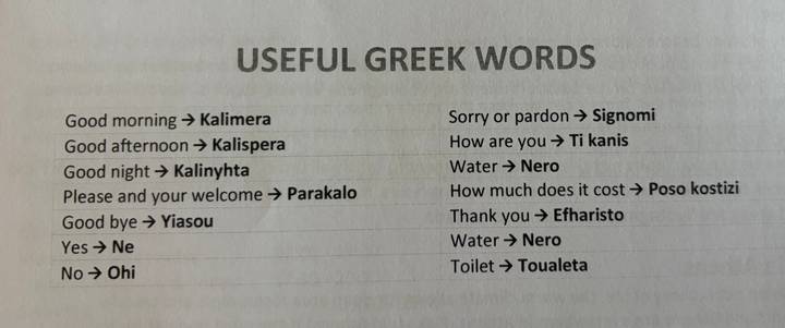Close-up of a printed reference sheet listing useful Greek words and phrases for travellers.