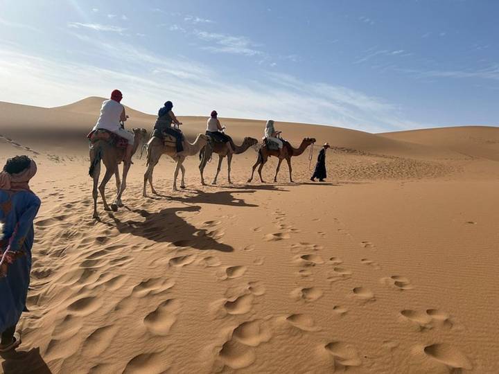 Line of camel riders traverses a gently sloping dune under clear skies, casting long shadows.
